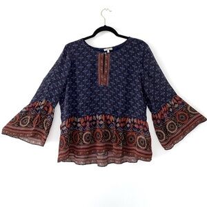 Joie Silk Hakima Print Navy Blue Boho Peasant Top Bell Sleeves Keyhole size M